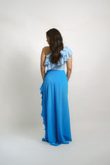 One Shoulder Ruffle Top and Ruffle Skirt with Slit Set