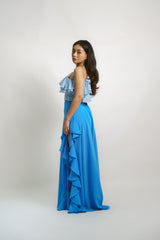 One Shoulder Ruffle Top and Ruffle Skirt with Slit Set