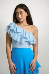 One Shoulder Ruffle Top and Ruffle Skirt with Slit Set