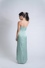 Pleated Bodice Drape Slit Gown