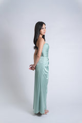 Pleated Bodice Drape Slit Gown