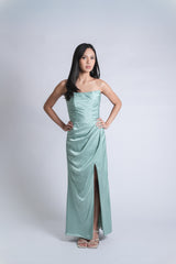 Pleated Bodice Drape Slit Gown