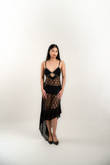 Knit Sequined Sheer Dress with Ruffled Hem