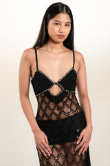 Knit Sequined Sheer Dress with Ruffled Hem