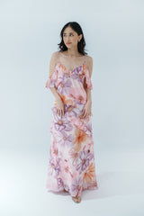 Ruffle Sleeve Drawstring Floral Maxi Dress