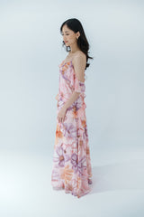 Ruffle Sleeve Drawstring Floral Maxi Dress