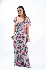 Ruffle Sleeve Drawstring Floral Maxi Dress