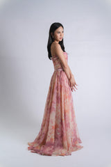 Strapless Floral Tulle Gown