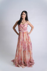 Strapless Floral Tulle Gown