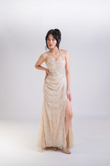 Custom Corset Beaded Gown with Slit