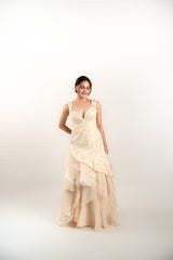 Custom Pina Off Shoulder Ruffle Wedding Gown