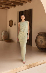 Double Layer Slinky Drape Ruched Maxi Dress