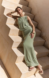 Double Layer Slinky Drape Ruched Maxi Dress