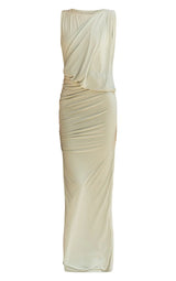 Double Layer Slinky Drape Ruched Maxi Dress